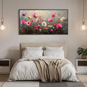 SUMMER BLOOM: Impasto floral painting pink, white, orange on grey background, framed, above bed.
