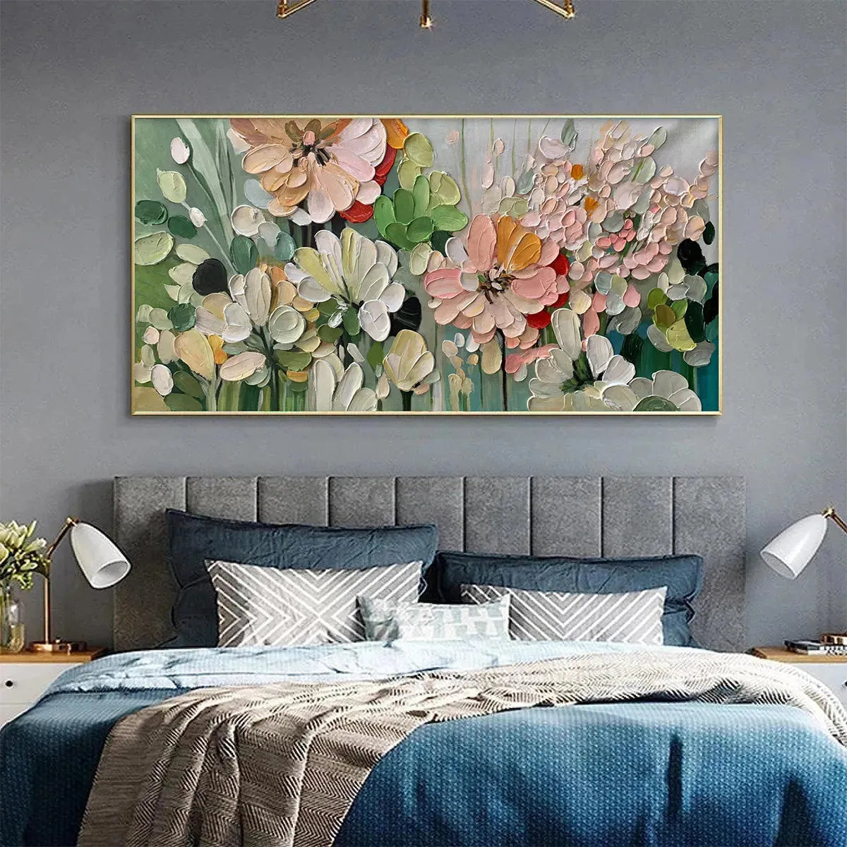 GARDEN DELIGHT: Textured Floral Painting, Impasto Palette Knife, Horizontal Canvas, Garden Wall Art