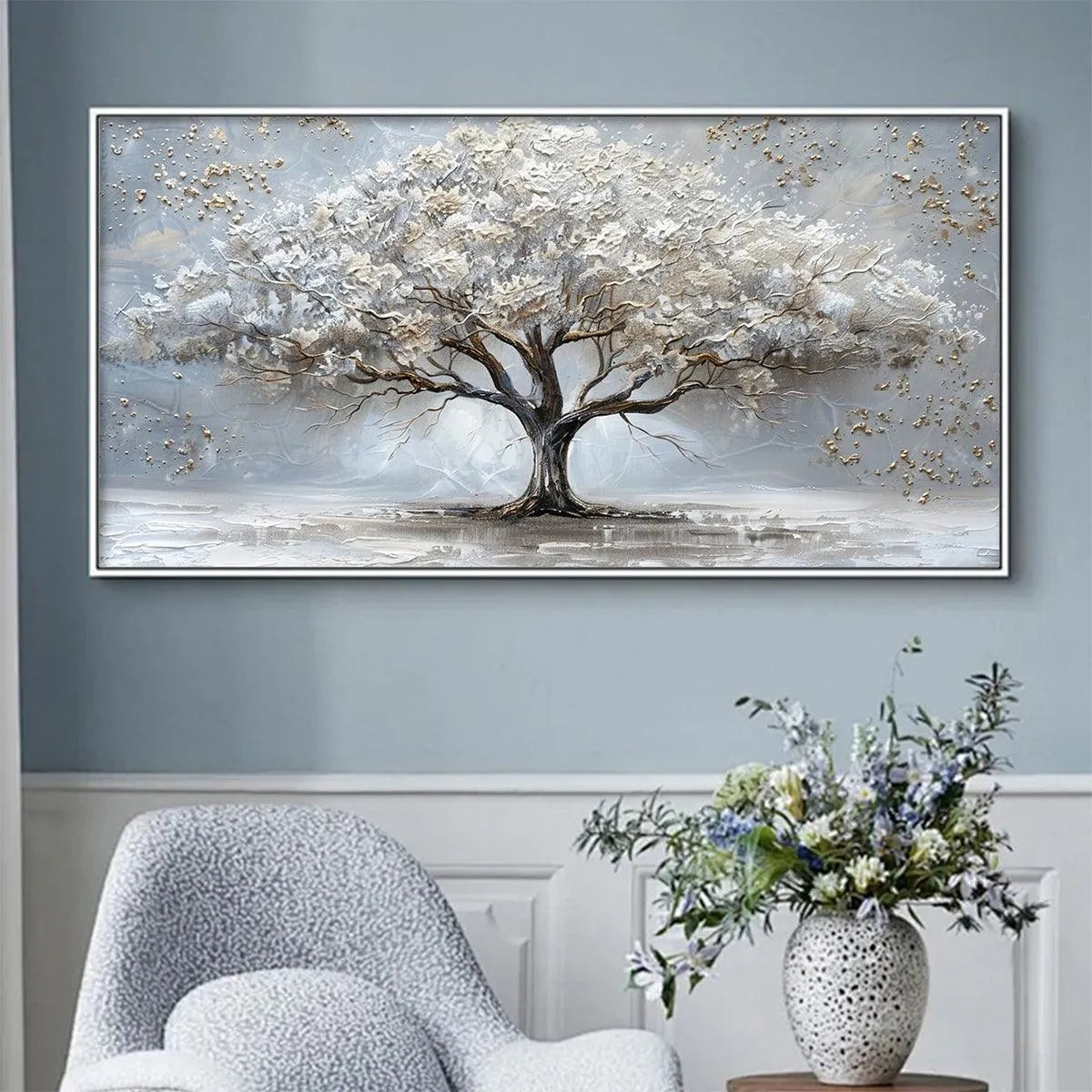 SILVER LINING: Textured White and Gold Tree Painting on Grey Background