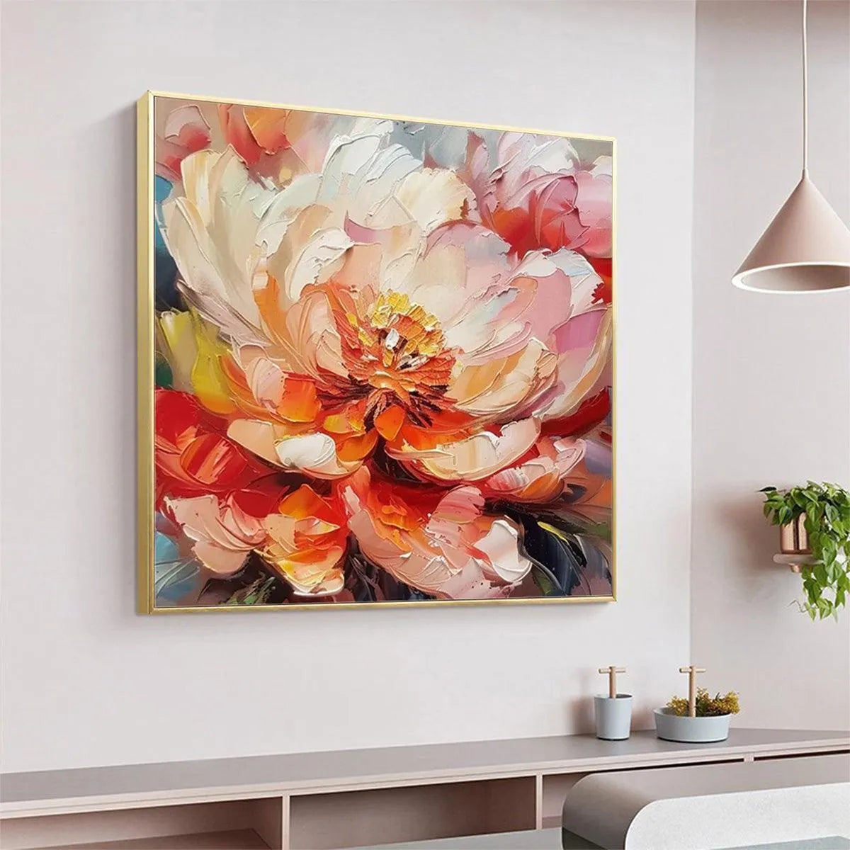 BLOOMING PEONY: Textured Impasto Peony Painting in Pink and Orange