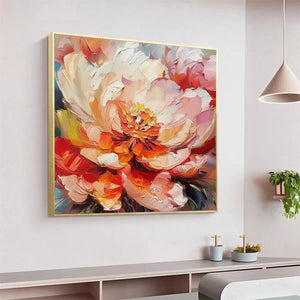 Blooming Peony by Isabella Rossi: Textured impasto painting in pink and orange, gold framed, perfect for modern home decor.
