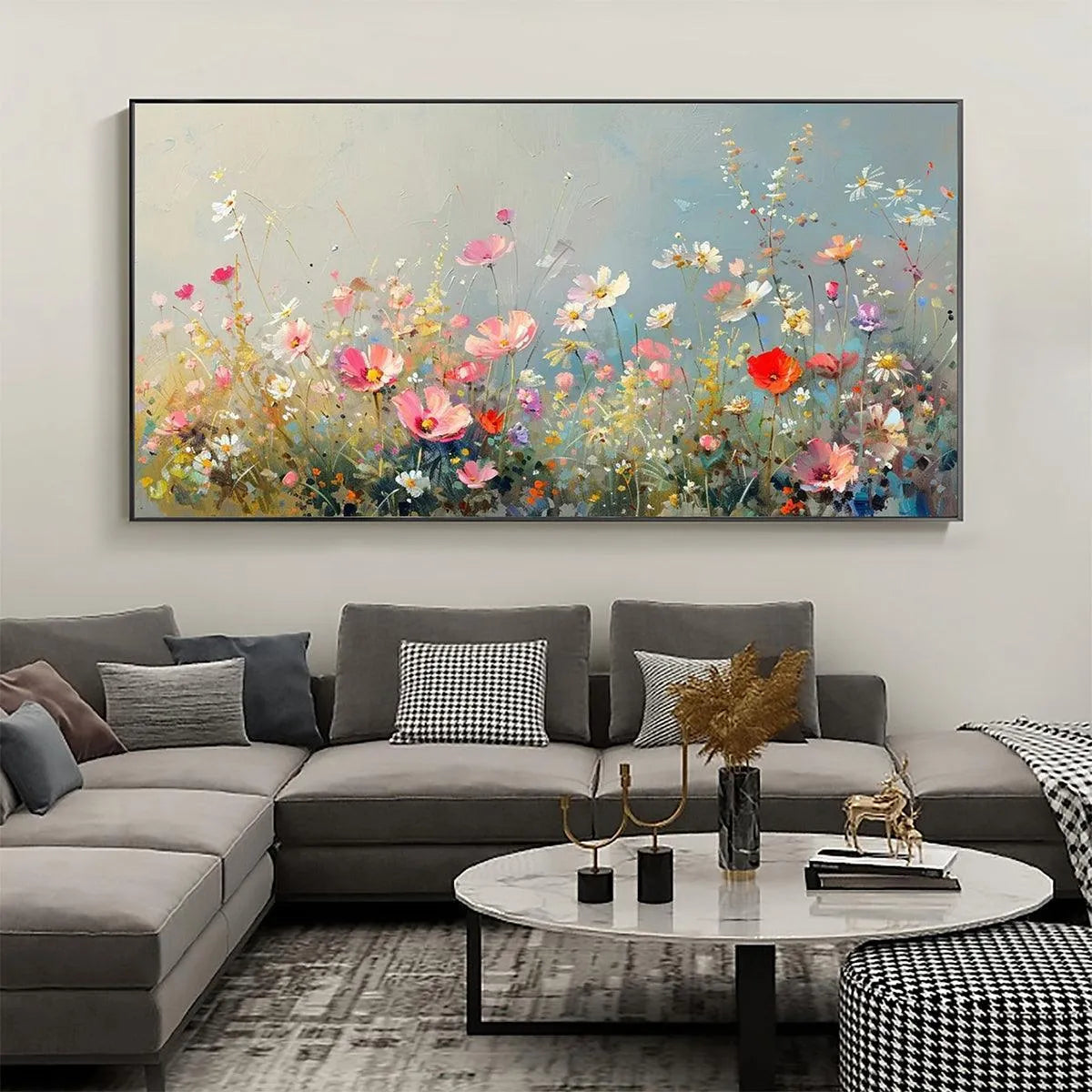 WILD MEADOW: Panoramic Floral Landscape Painting in Pink and White