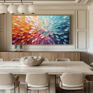 Rainbow Burst painting by Willow Davies, textured abstract art in rainbow colors, ideal for modern dining room decor.