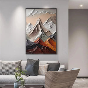 MAJESTIC PEAKS by Liam O'Connell: Impasto mountain painting in earthy tones, framed artwork for home decor, vertical art.