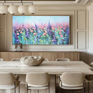 Elodie Dubois' 'Pastel Meadow': large impressionistic floral painting elevating a chic dining room.