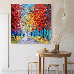 Vibrant 'Autumn Walk' textured impasto painting, couple in autumn forest, elevates modern dining room decor.