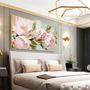 Golden Blush floral impasto painting by Elodie Dubois, pink and gold blossoms, framed artwork, bedroom decor, MontCarta art