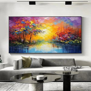 Vibrant impasto 'Enchanted Riverview' landscape painting above grey sofa in modern living room decor.