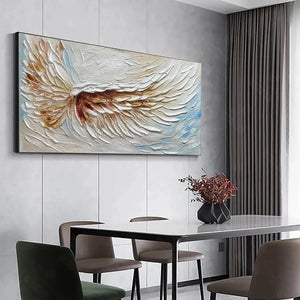 Textured impasto painting of white and gold angel wings by Liam O'Connell, displayed horizontally above a dining table.