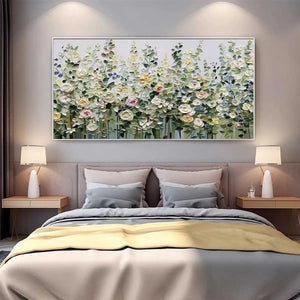 SPRING MEADOW impasto floral painting with roses above a bed in a modern bedroom lifestyle setting.