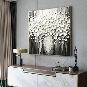 Textured white flowers impasto painting by Liam O'Connell, 'White Bouquet' artwork in gold frame, room decor.
