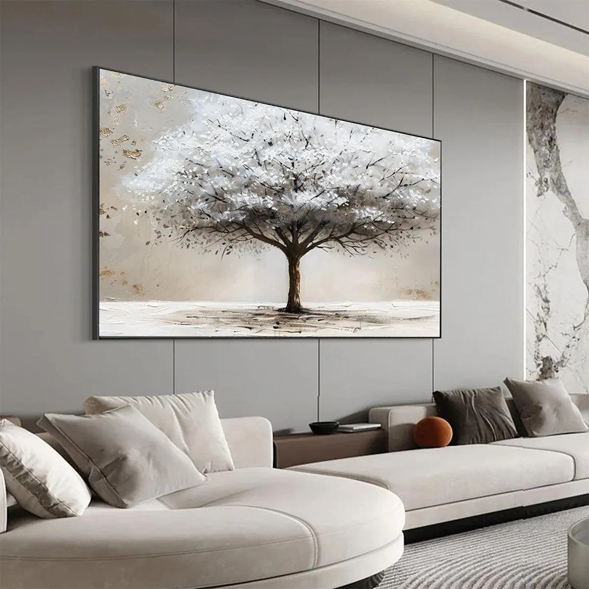 WINTER'S GRACE: Textured White Tree Painting with Gold Accents on Beige