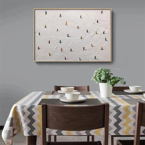 Javier Ramirez SKI SLOPES painting: Colorful skiers on a textured, snowy landscape, gold frame, modern art for living room.