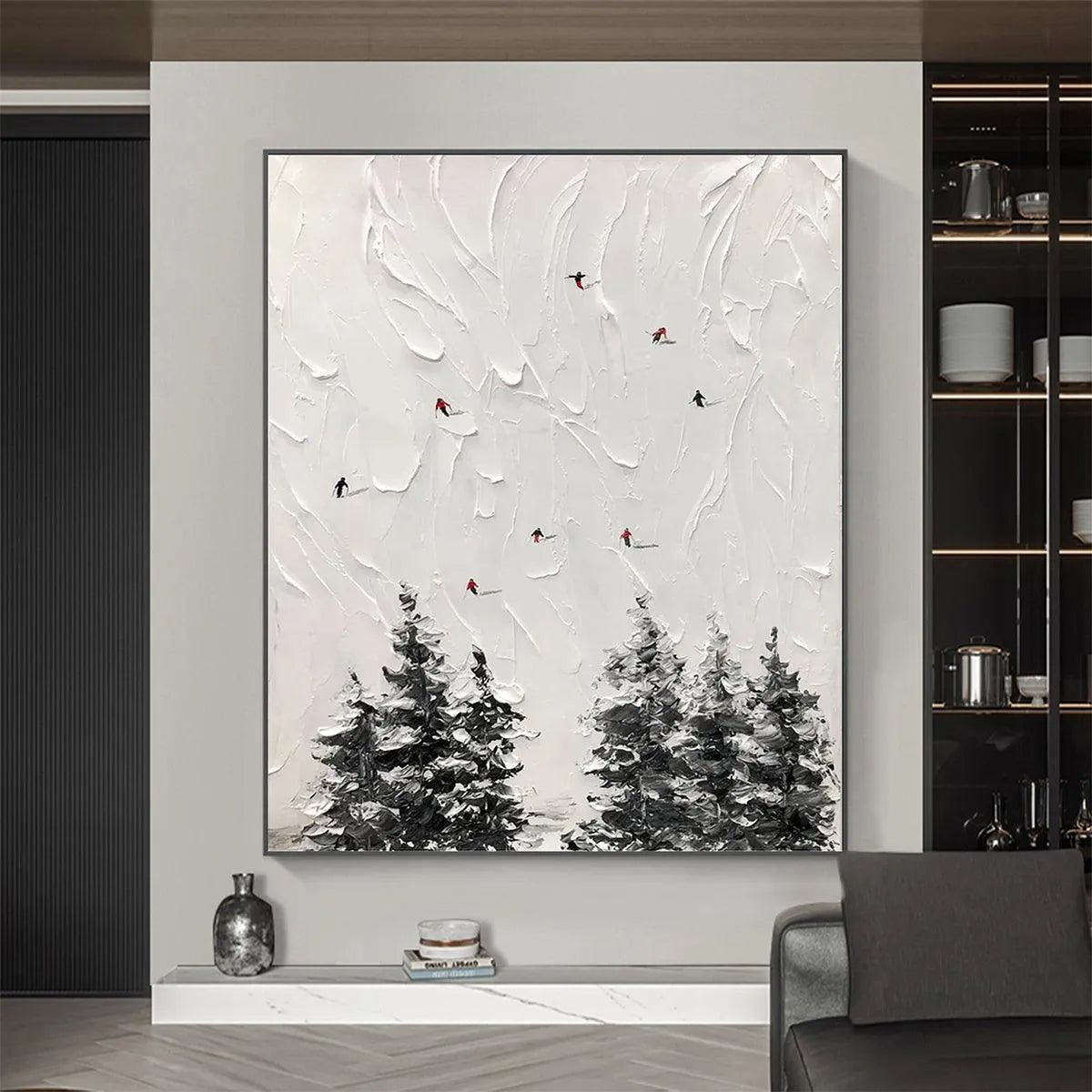 ALPINE SKI: Textured Minimalist Ski Scene Painting in Black and White