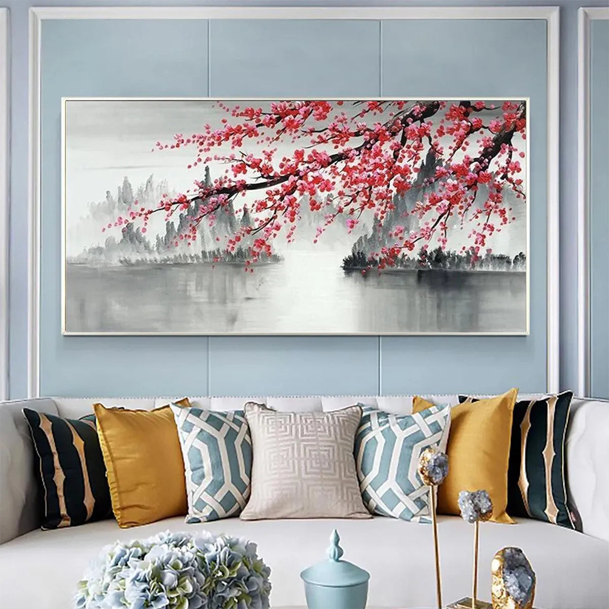 CHERRY BLOSSOM SERENITY: Horizontal Cherry Blossom Landscape Painting