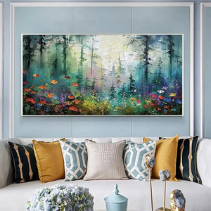 Elodie Dubois' 'Whispering Woods' forest painting, with vibrant wildflowers, displayed in a modern living room.