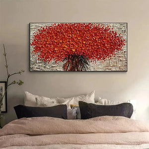 Textured Crimson Burst impasto floral painting by Isabella Rossi, showcased horizontally above a bed in a modern bedroom.