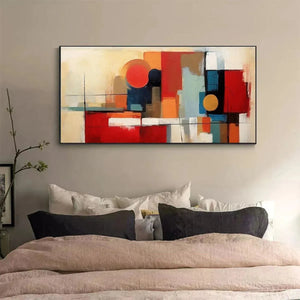 Horizontal Urban Geometry minimalist abstract painting, red, gold, blue geometric shapes, above bed in a modern bedroom.