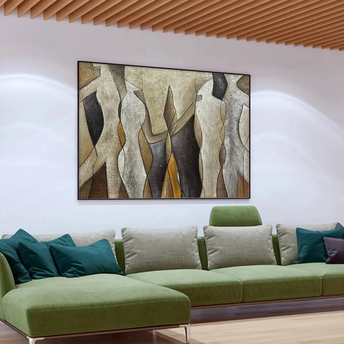 ABSTRACT FIGURES: Textured Abstract Figures Painting, Beige and Brown Wall Art, Horizontal Canvas, Modern Decor