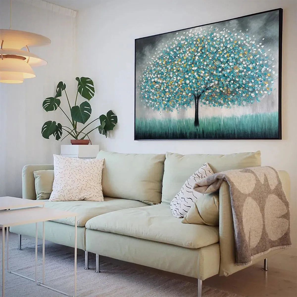 TEAL DREAM: Textured Tree Painting in Teal and Grey, Horizontal Canvas, Modern Wall Art