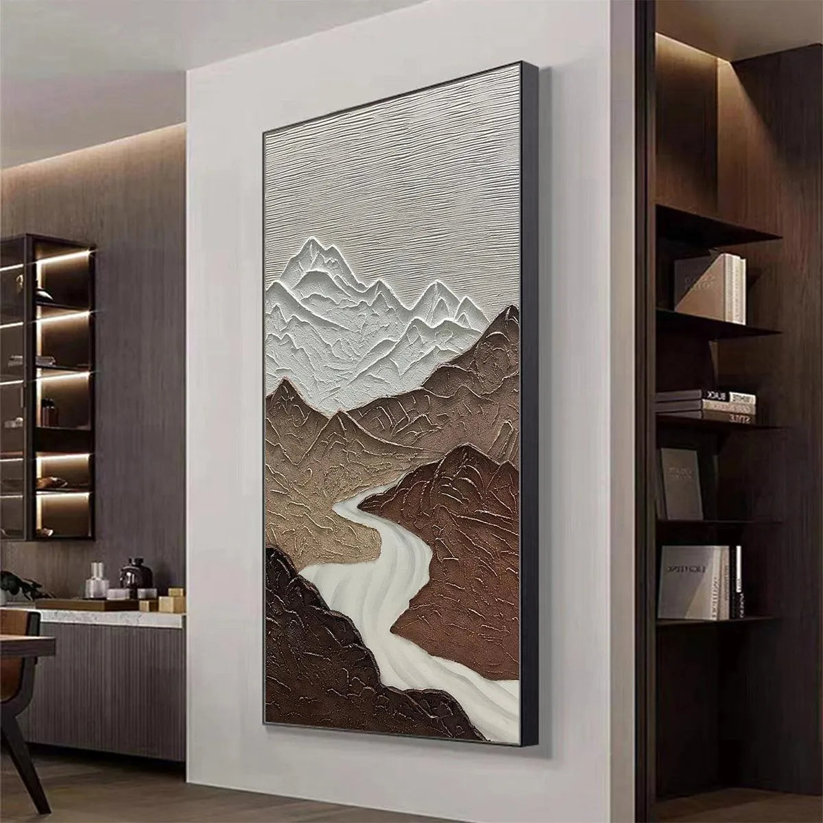 EARTH RIVER: Textured Brown and White Mountain River Landscape Painting