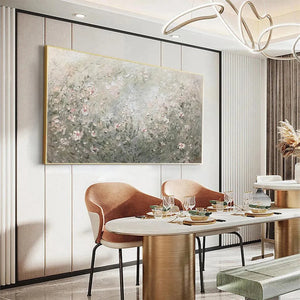 Whispering Meadow painting by Elodie Dubois in a dining room, gold framed artwork, impressionistic wildflower landscape
