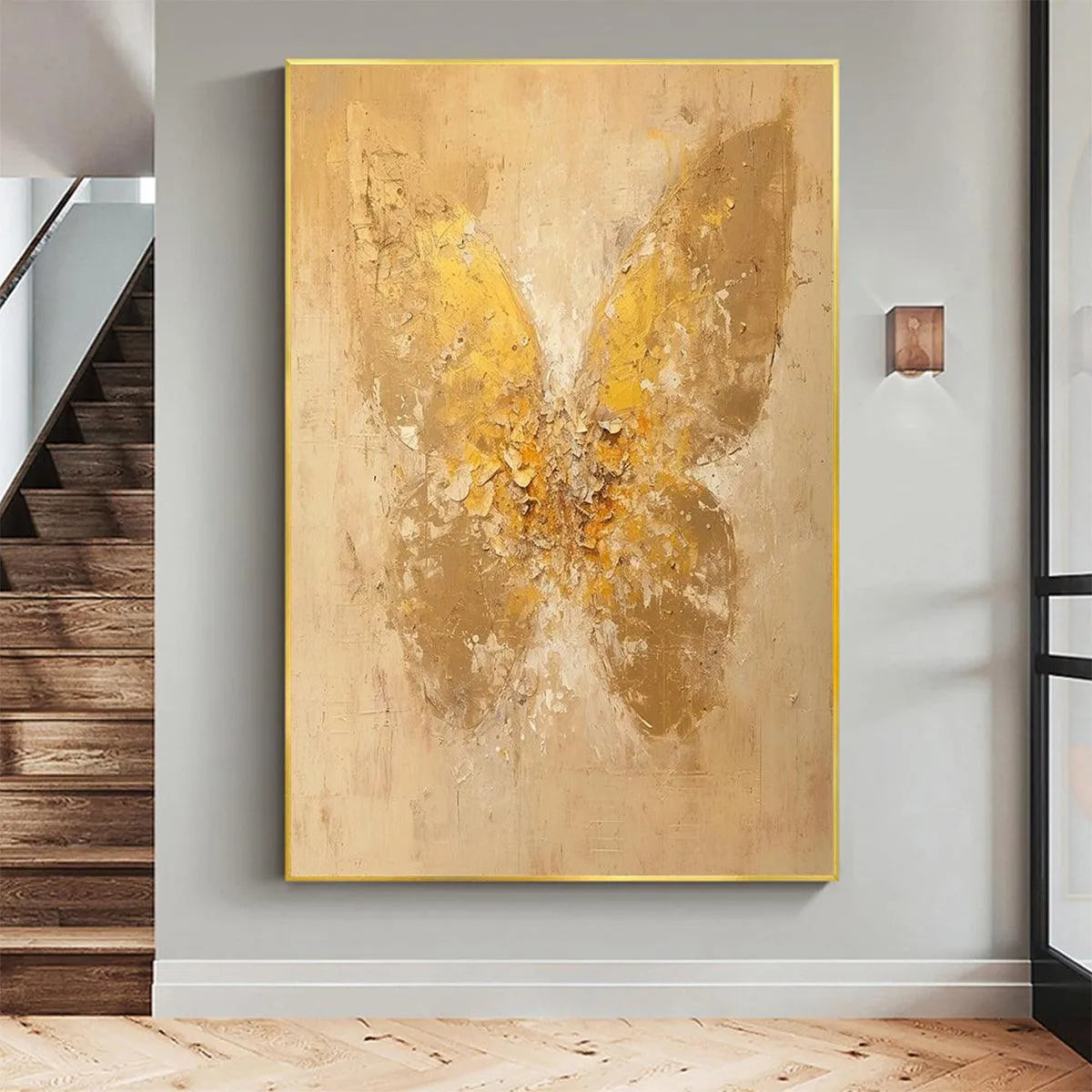 GOLDEN WINGS: Gold Butterfly Painting, Textured Wall Art, Vertical Canvas, Beige and Gold Decor