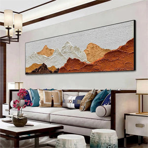 MOUNTAIN PEAKS painting by Liam O'Connell: Textured mountain range in warm brown, white, and orange tones. Modern home decor.