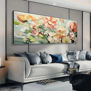 Sunkissed Garden floral impasto painting by Elodie Dubois, orange, pink, white, above a modern sofa.