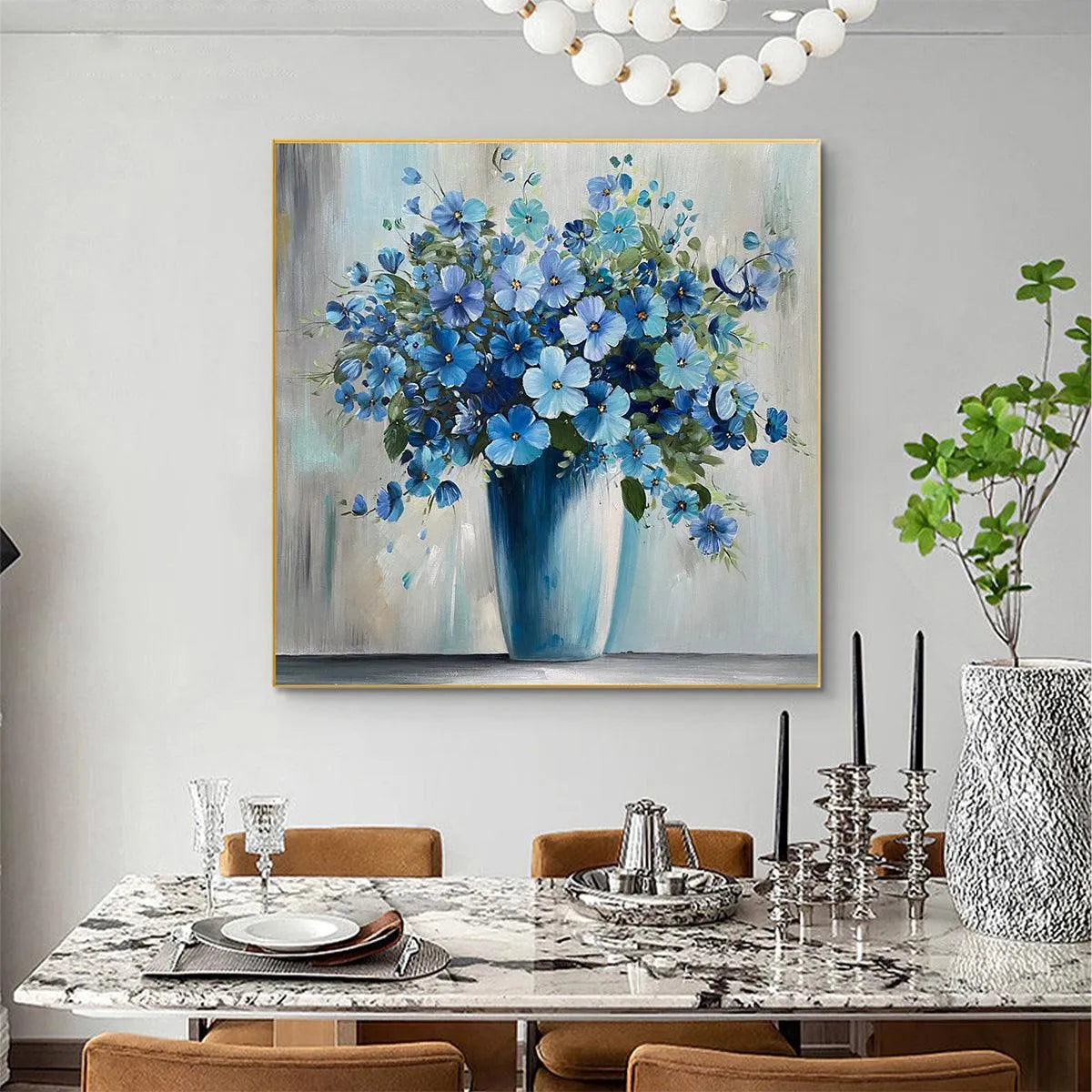 BLUE SERENITY: Blue Floral Painting, Square Canvas Art, Still Life Wall Decor, Calming Artwork