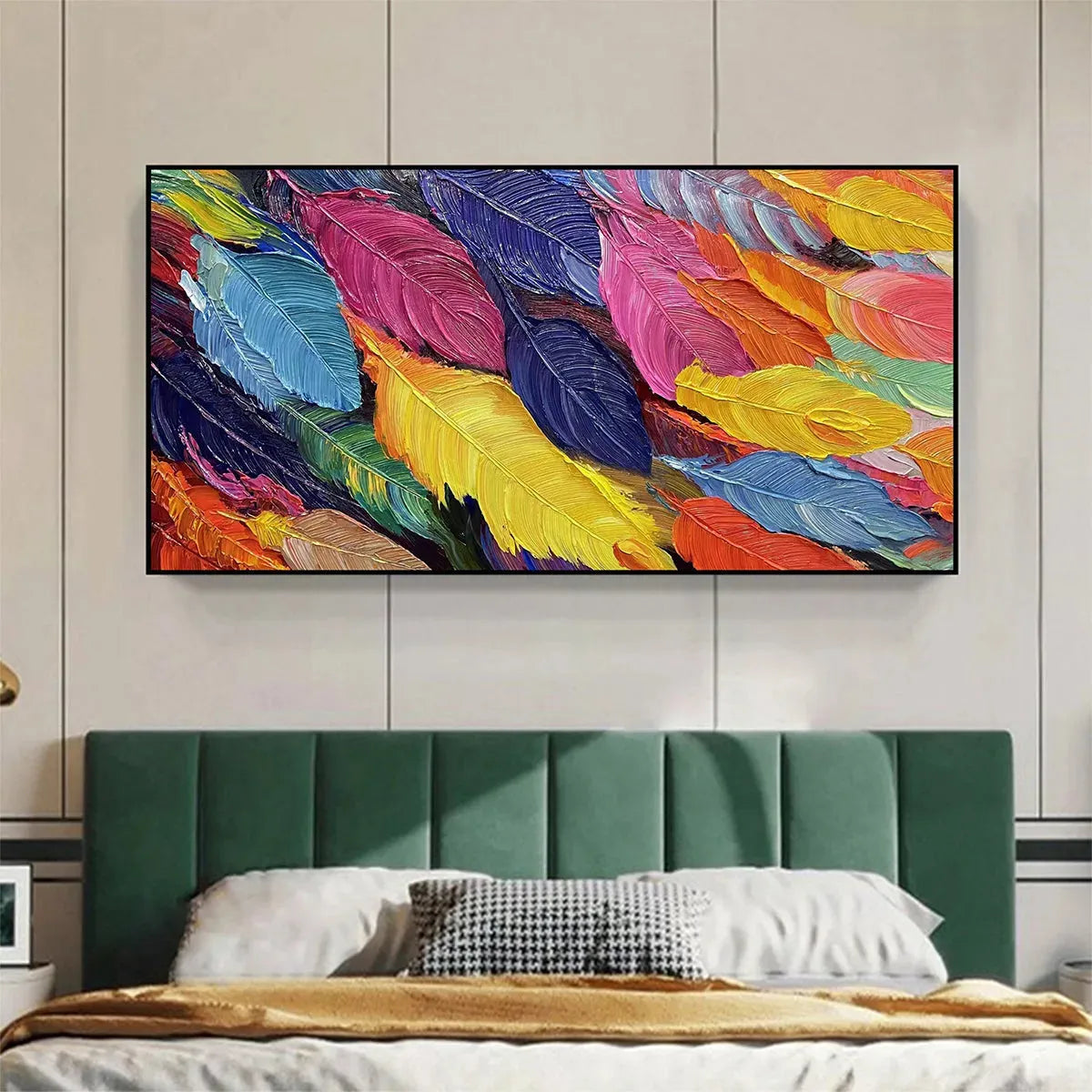 FEATHER DANCE: Horizontal Abstract Painting with Colorful Feathers, Textured Impasto, Modern Wall Art