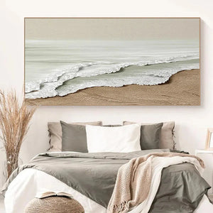 Liam O'Connell's Serene Shore: textured coastal painting with beige waves and sandy beach, framed; perfect for bedroom.