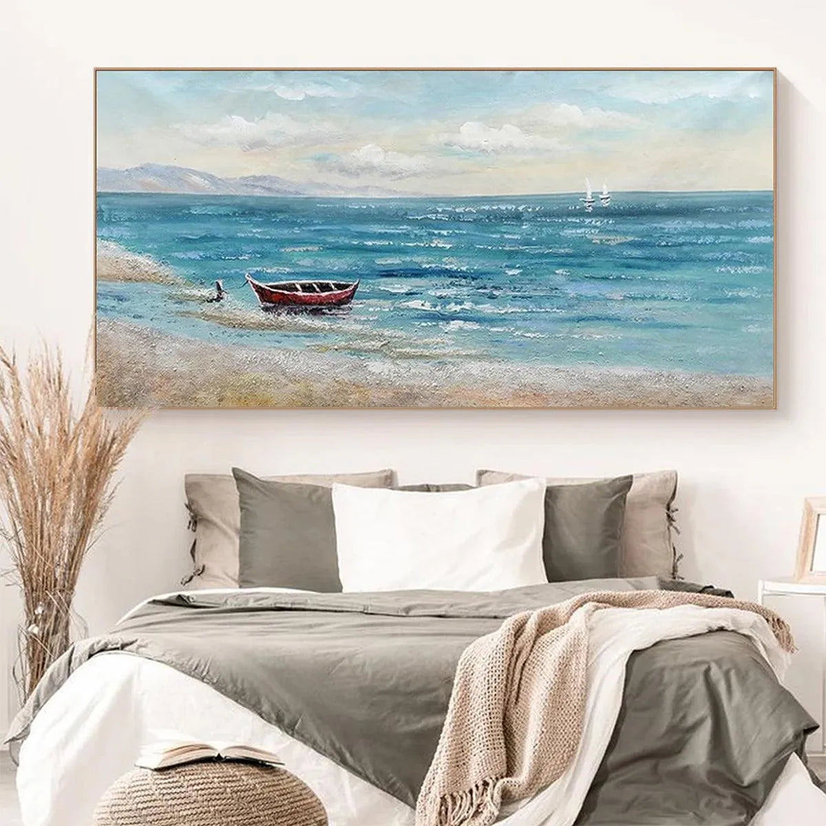 RED BOAT AT THE SHORE: Tranquil Coastal Landscape Painting