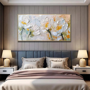 Elodie Dubois 'White Blossoms' textured impasto floral painting in white and yellow, original artwork for living room