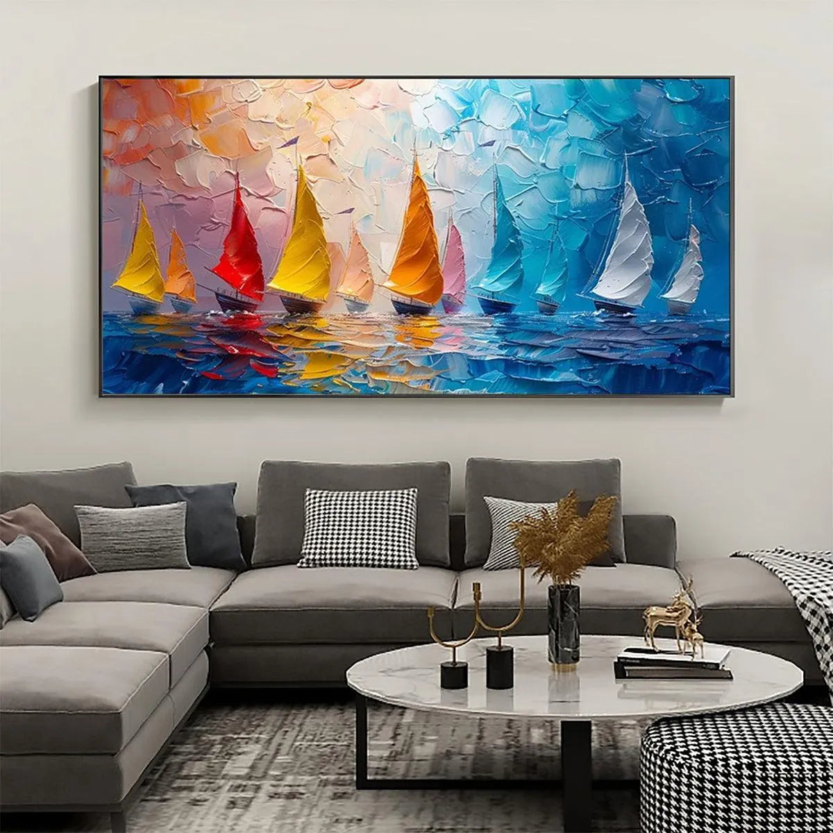 REGATTA: Textured Sailboat Painting, Impasto Wall Art, Panoramic Canvas, Coastal Decor