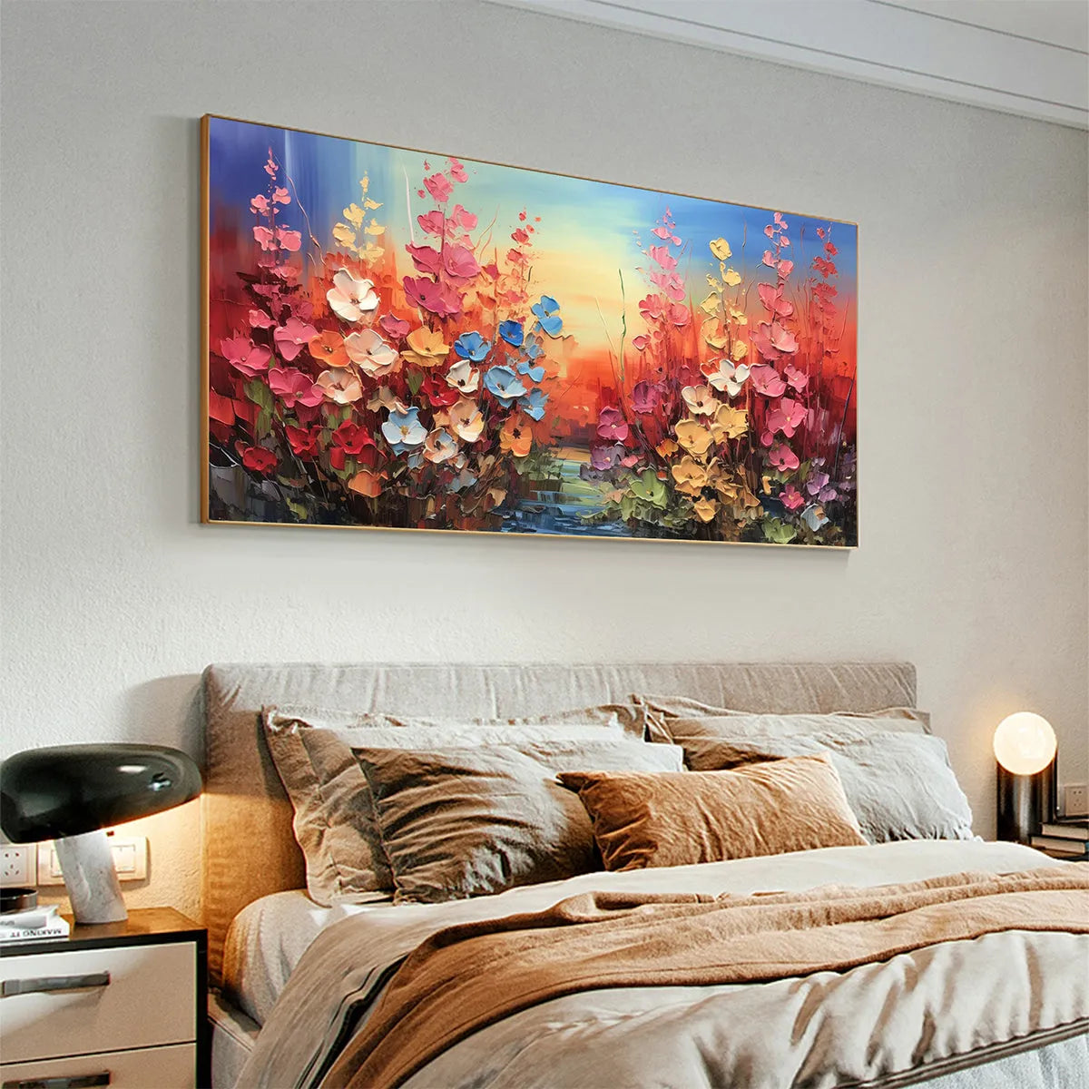 BLOOMING MEADOW: Panoramic Floral Landscape Painting, Impasto Flowers, Colorful, Living Room, Bedroom, Dining Room