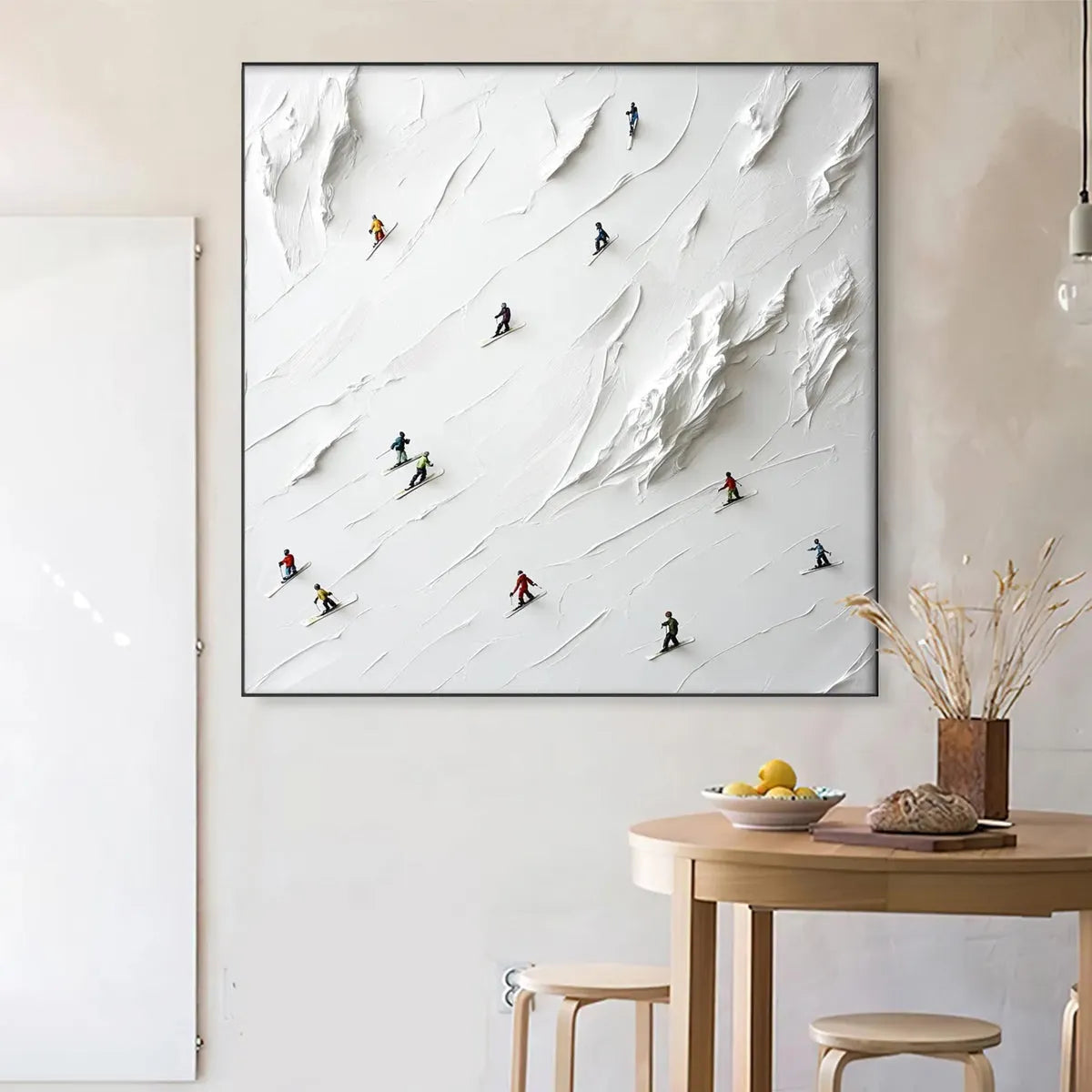 WHITE RUSH: Minimalist Skiing Painting on Textured Square Canvas