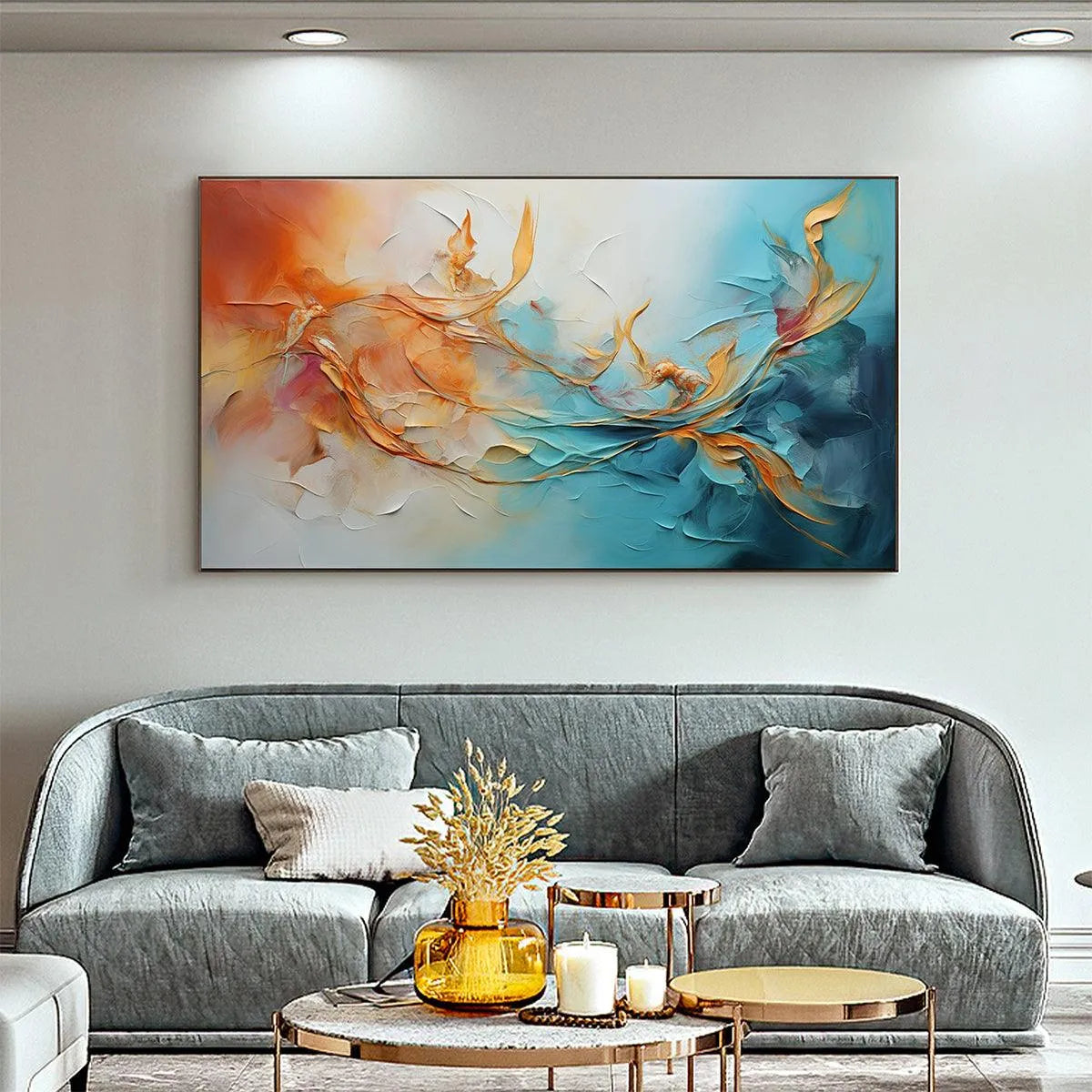 GOLDEN CURRENTS: Panoramic Abstract Teal and Gold Oil Painting