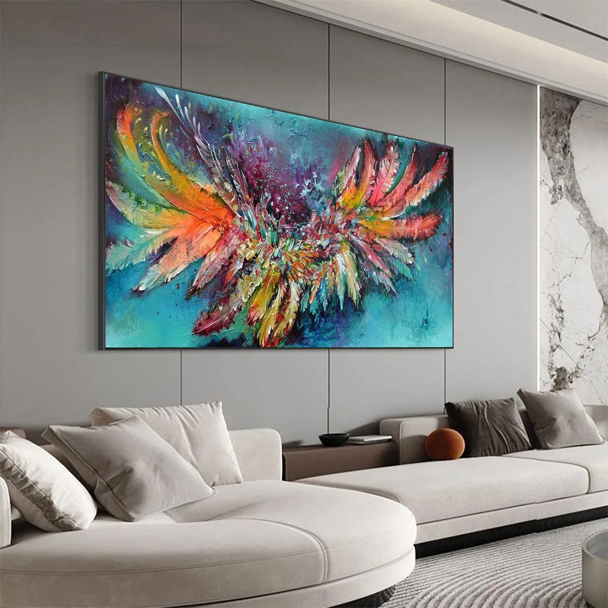 PLUMAGE FIRE: Vibrant Abstract Feather Oil Painting