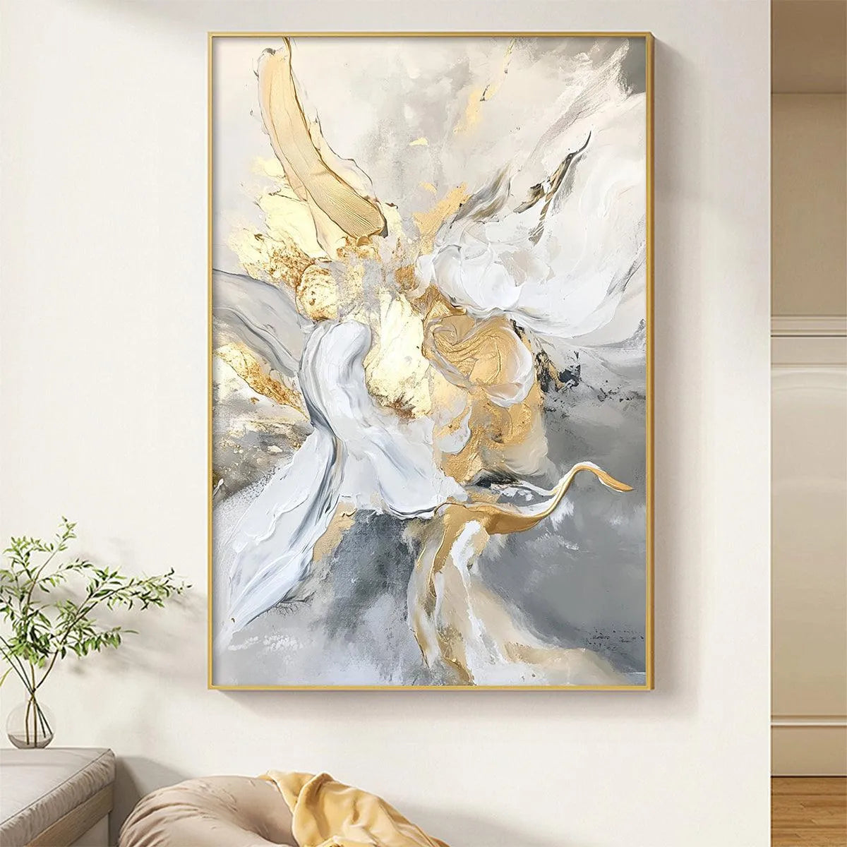 ETHEREAL GOLD: Abstract White, Grey and Gold Oil Painting