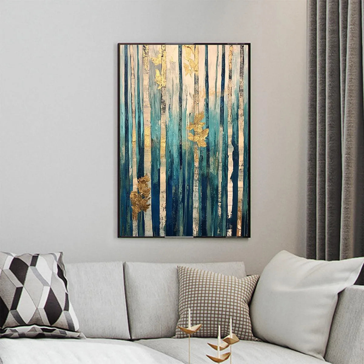 AZURE FOREST: Vertical Abstract Forest Oil Painting with Gold Leaf