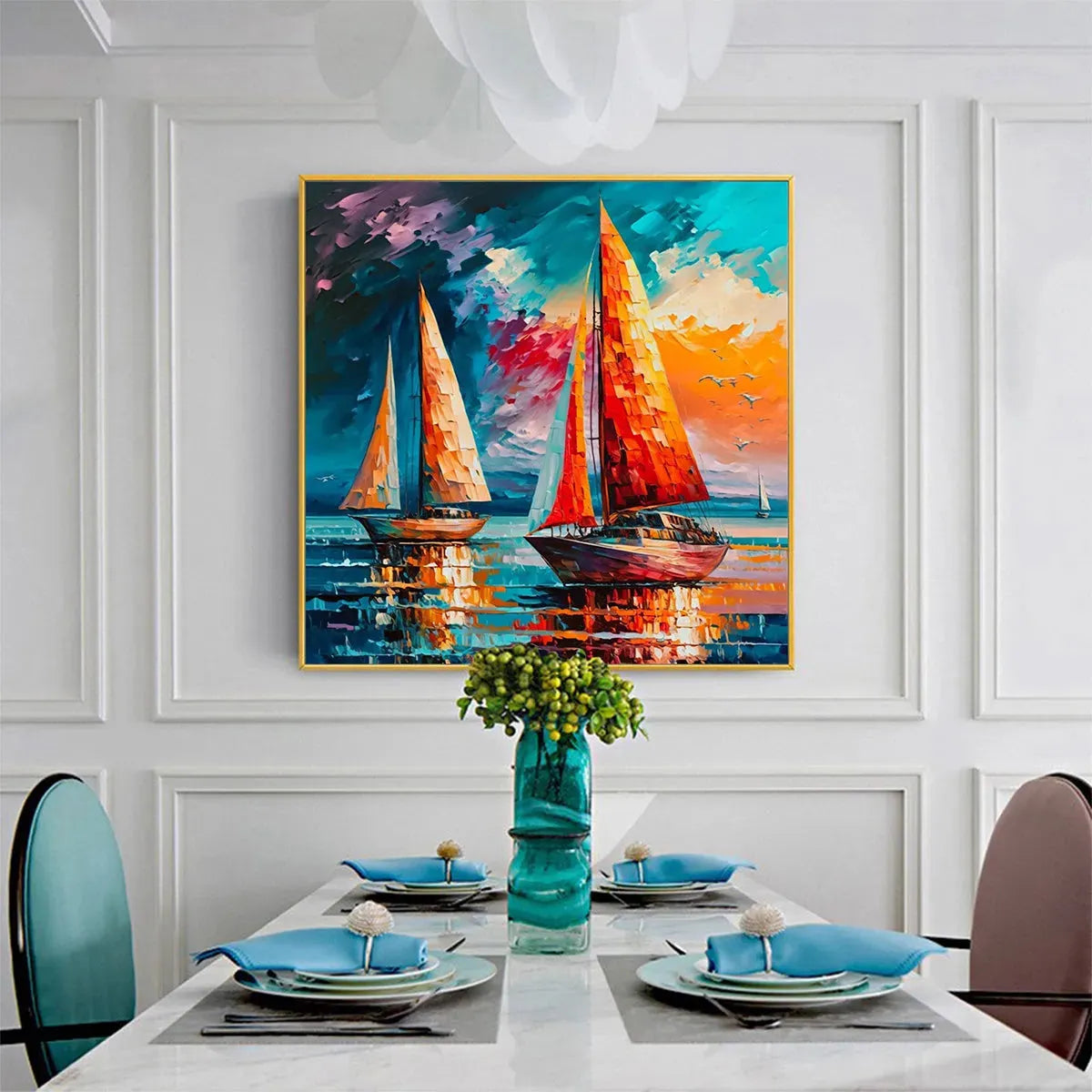 EVENING SAIL: Square Sailboat Painting, Colorful Sunset