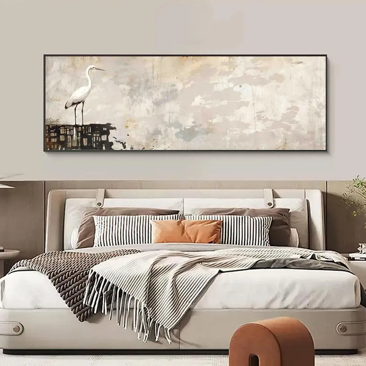 WHITE HERON PANORAMIC: Heron Painting, Panoramic Wall Art, Bird Art