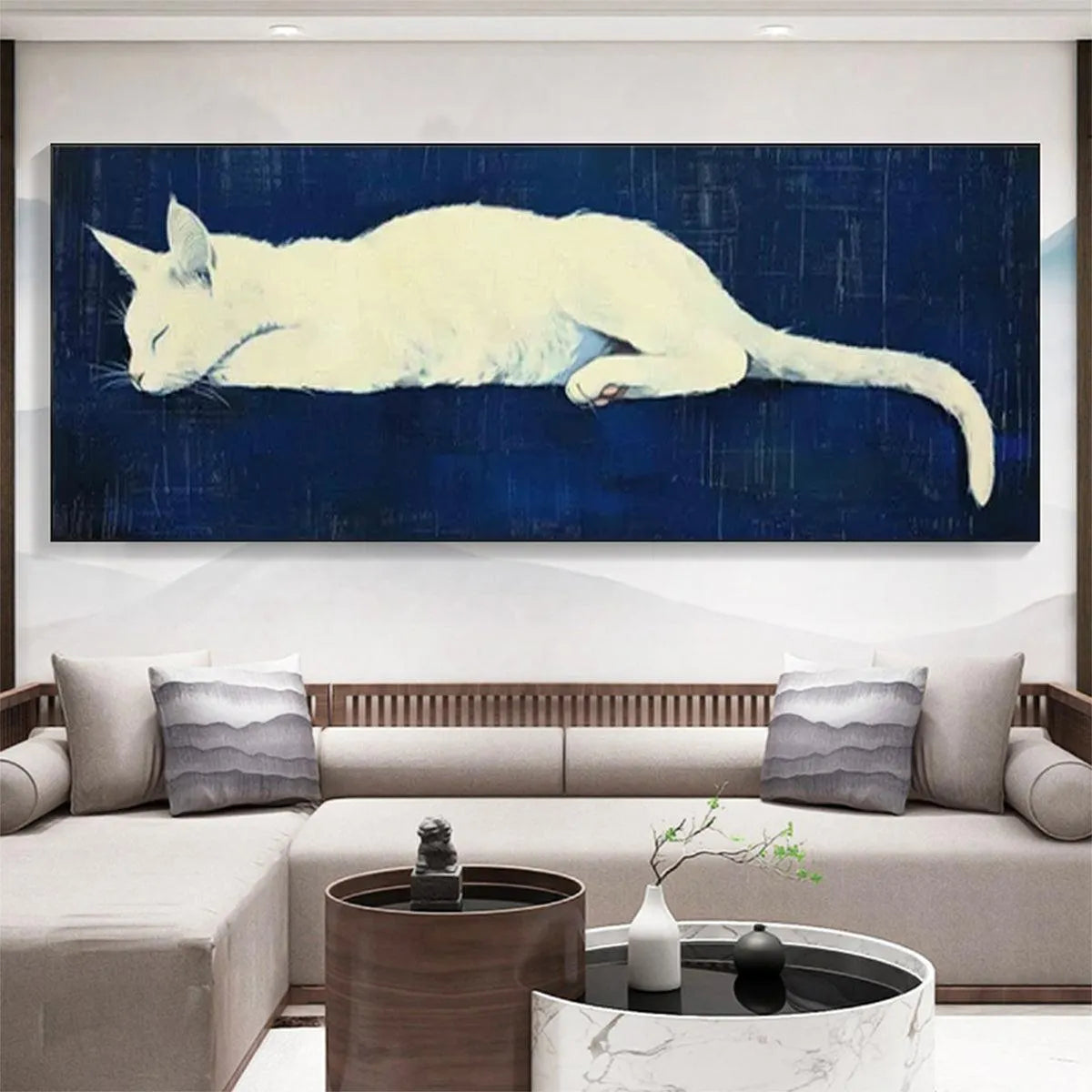 SLEEPING WHITE CAT PANORAMIC: Cat Painting, Panoramic Wall Art, Pet Portrait