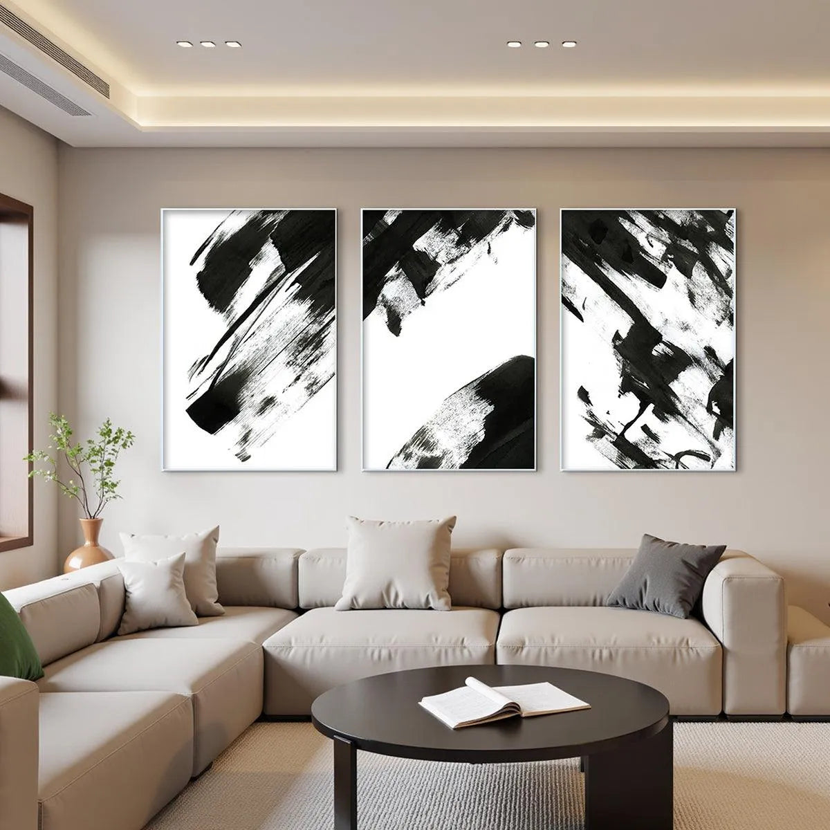 BLACK & WHITE ABSTRACT TRIPTYCH: Abstract Painting Set of 3, Vertical Wall Art