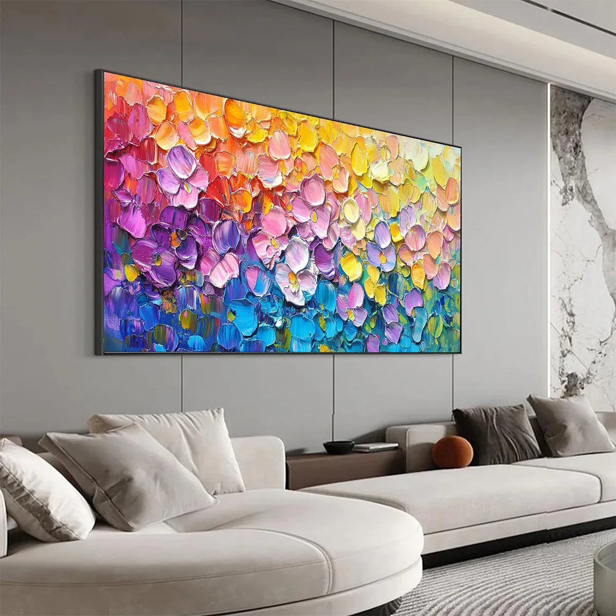 RAINBOW FALLS: Panoramic Impasto Floral Oil Painting in Vibrant Rainbow Hues