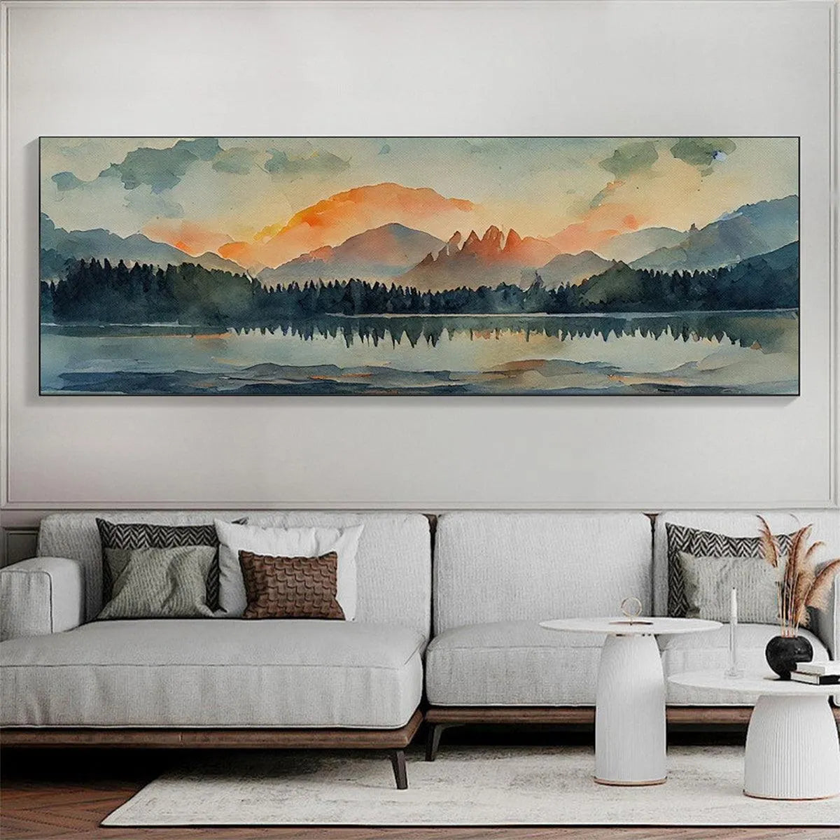 SUNSET SERENITY PANORAMIC: Landscape Painting, Panoramic Wall Art, Watercolor Decor