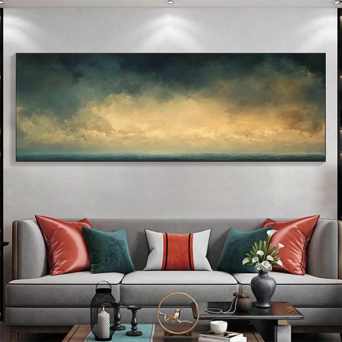 GOLDEN CLOUDS PANORAMIC: Seascape Painting, Panoramic Wall Art, Coastal Decor