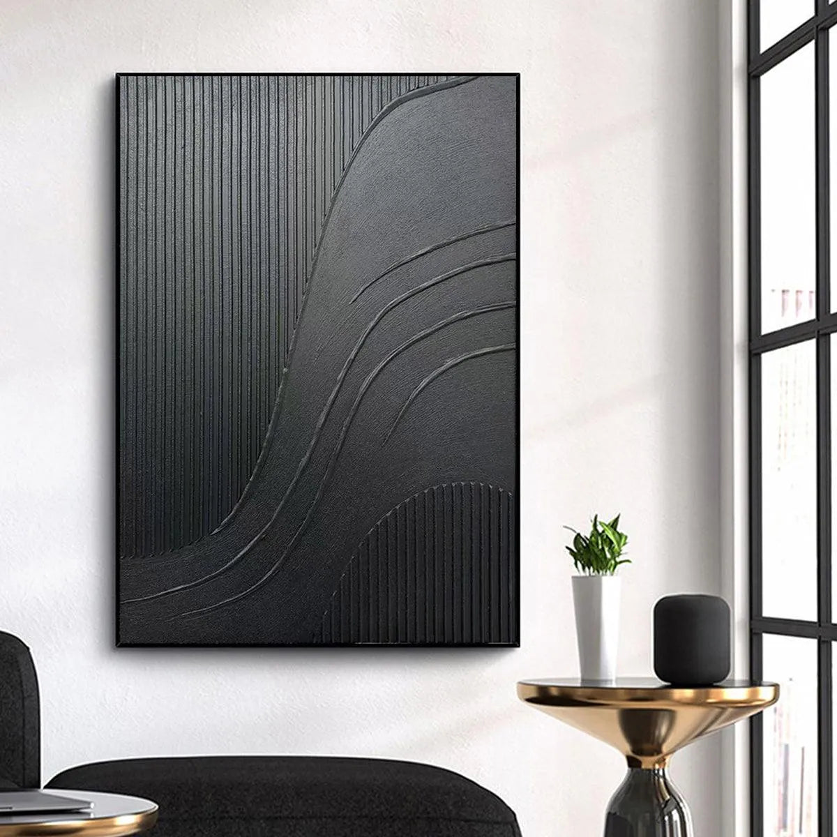 BLACK TEXTURED CURVES: Minimalist Textured Abstract Painting