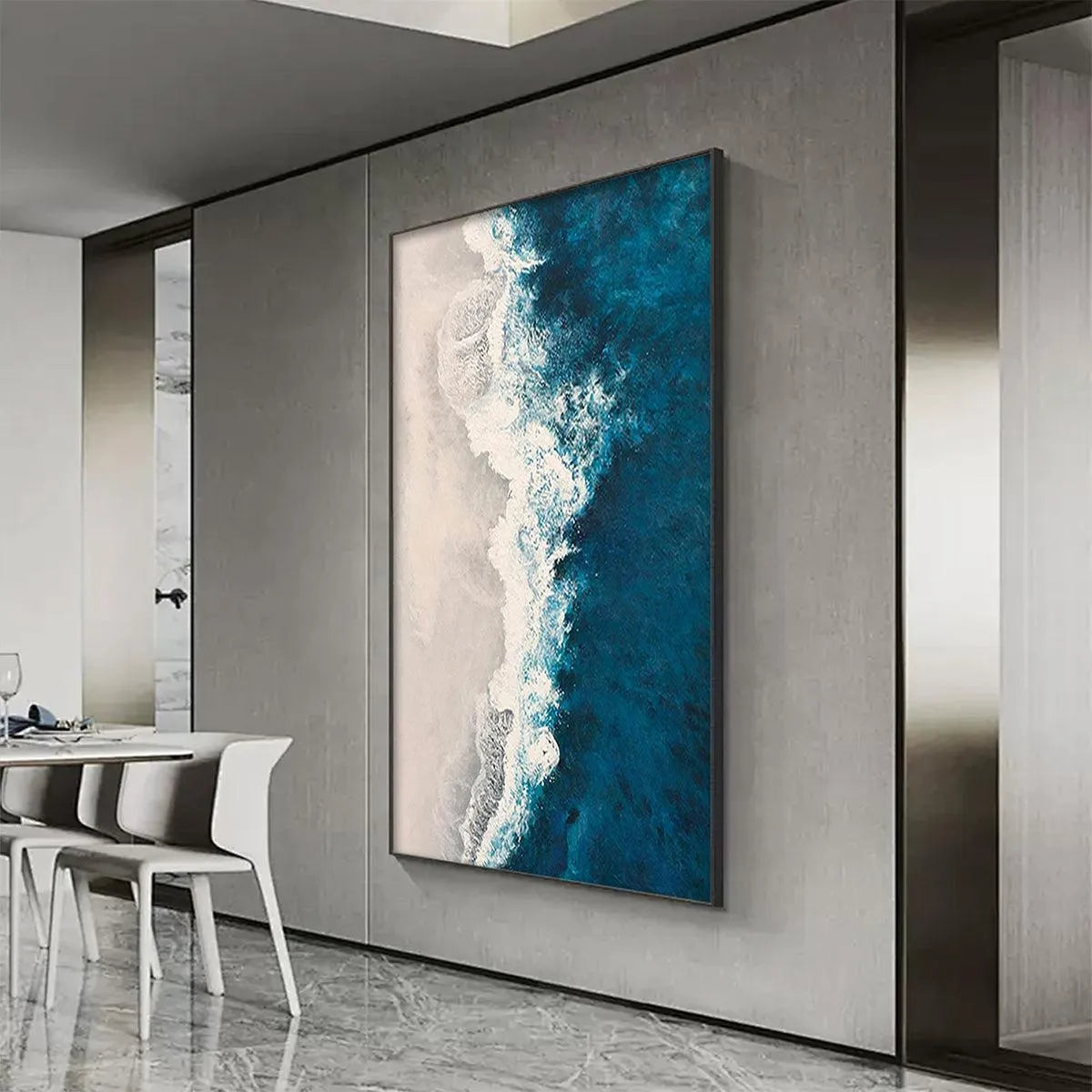 AZURE COAST: Blue and Beige Abstract Coastal Painting for Living Room